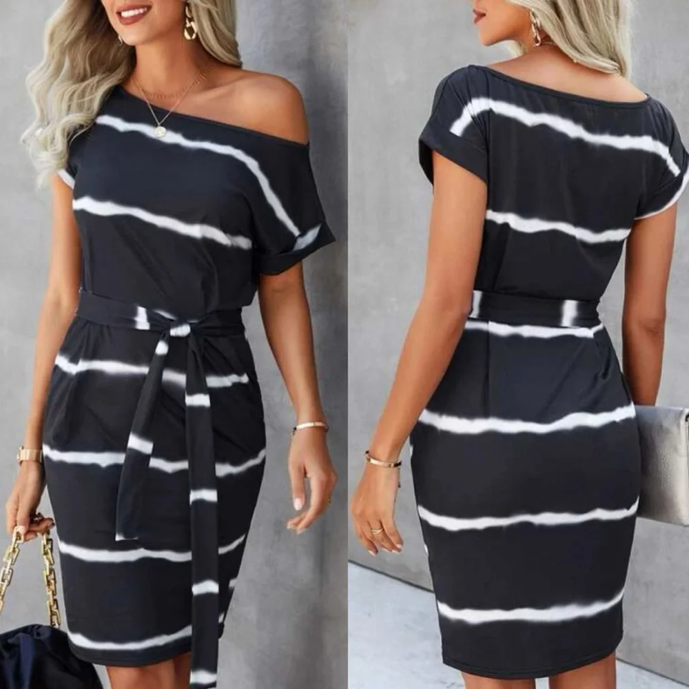 Boho striped boat neck belted casual dress - Picture 2 of 3